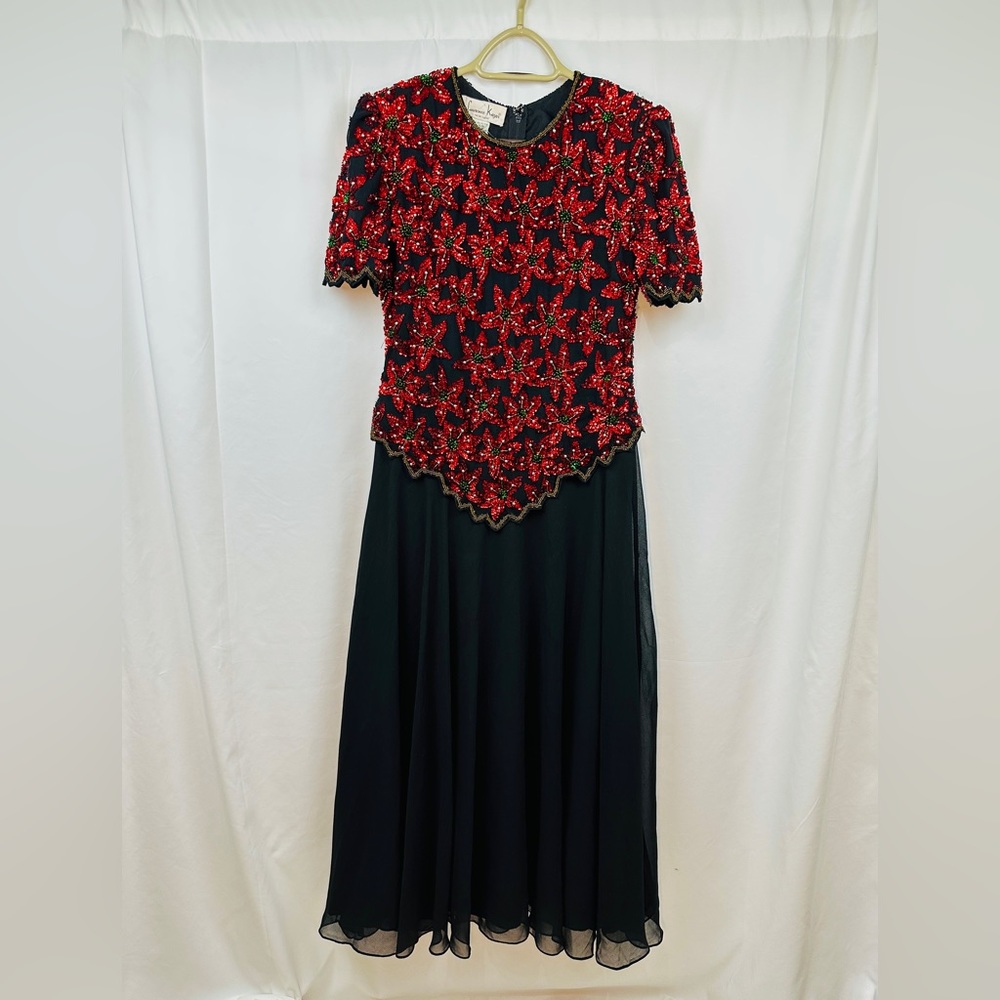 NWT Vintage 80s Laurence Kazar Handmade Floral Beaded Black Evening Dress Size M